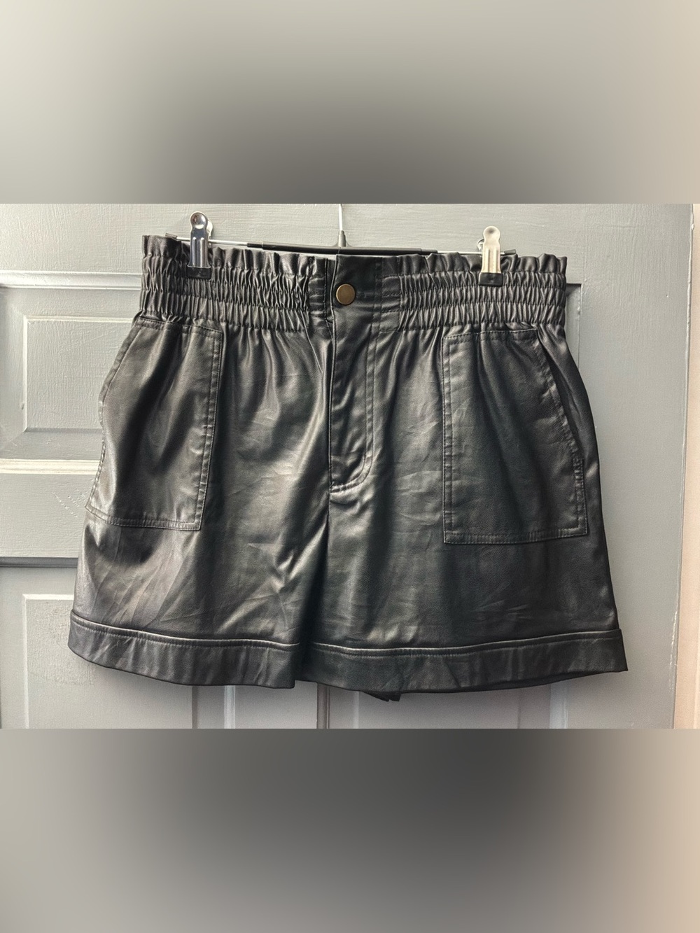Black Faux Leather Flat-Front Shorts with Elastic Paperbag Waist